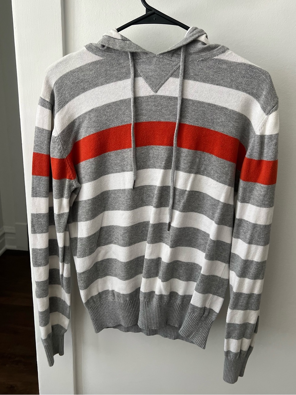 Striped Gray, White & Red Hooded Men's Sweater